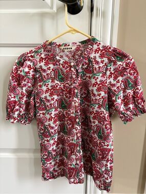 Boden Women's Red Paisley Button-Front Short Sleeve Top